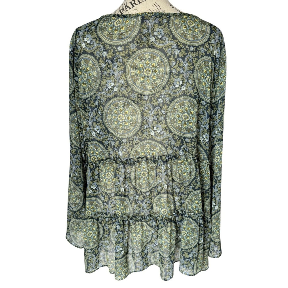 Loft Blouse Paisley Sheer XL‎ Green Boho Peasant Baby Doll Tiered Bell Sleeve - Picture 6 of 14
